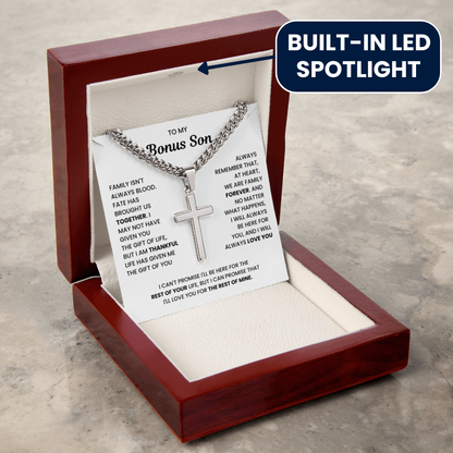 To My Bonus Son - "My Family Forever" Artisan Cross Cuban Link Chain Gift Set