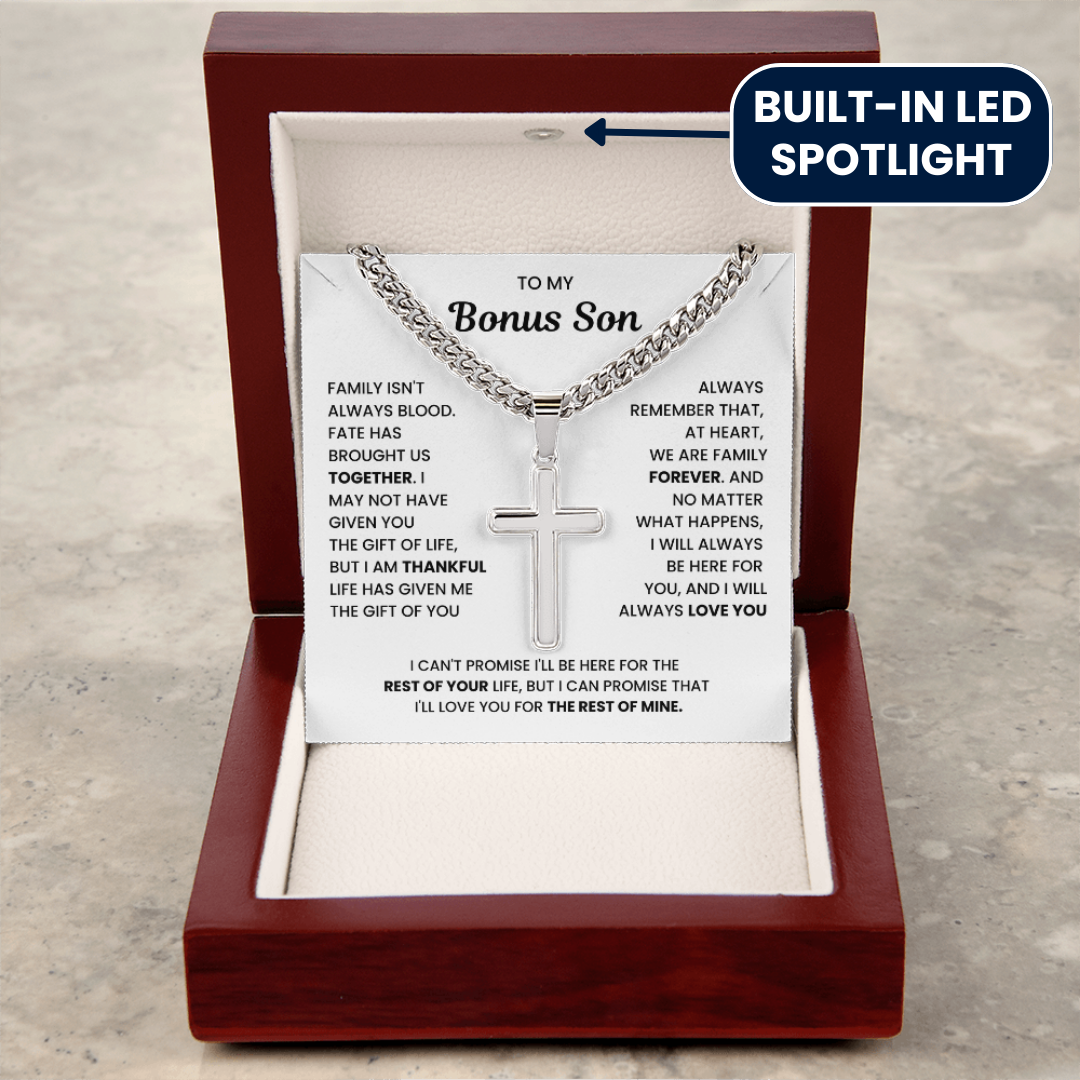 To My Bonus Son - "My Family Forever" Artisan Cross Cuban Link Chain Gift Set