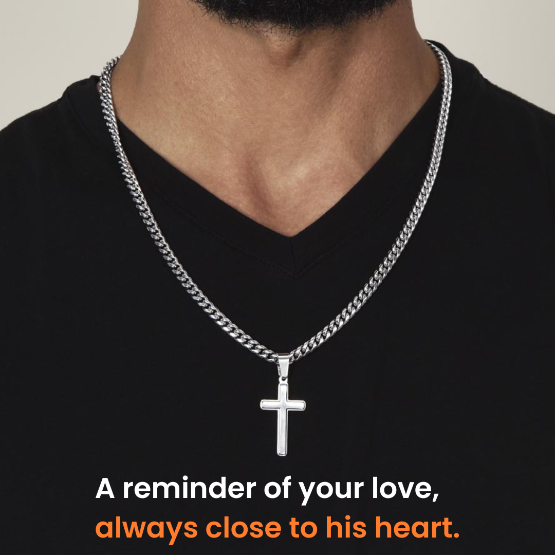 To My Bonus Son - "My Family Forever" Artisan Cross Cuban Link Chain Gift Set