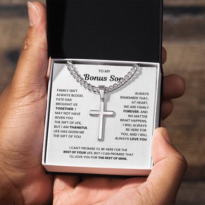 To My Bonus Son - "My Family Forever" Artisan Cross Cuban Link Chain Gift Set