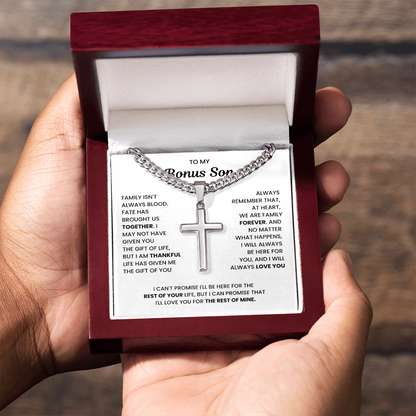 To My Bonus Son - "My Family Forever" Artisan Cross Cuban Link Chain Gift Set